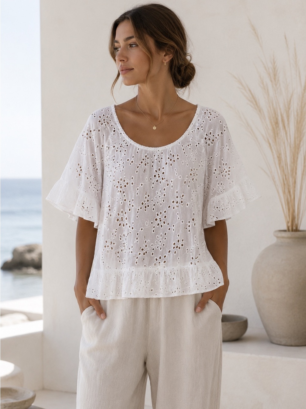 Velvet By Graham & Spencer White Eyelet Ruffle Top Large Resort Boho Blouse
